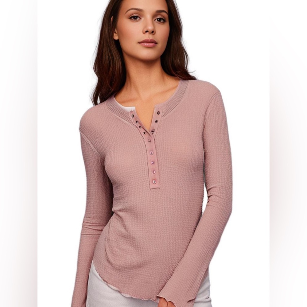 Free People Mauve Henley Top Button Textured Long Sleeve Thermal Transitional - Picture 1 of 11